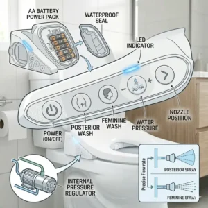 Close-up of the side control interface on a battery operated bidet seat for easy adjustment.