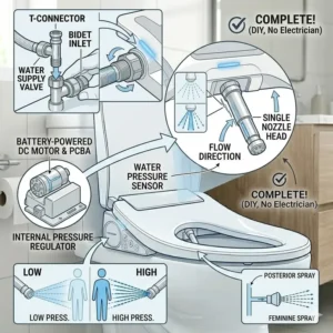 Graphic showing the adjustable water pressure settings of a battery operated bidet seat.