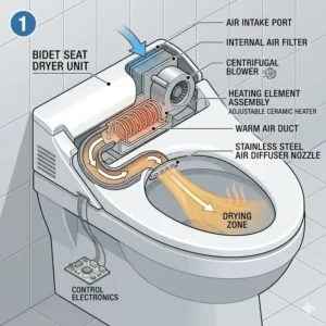 Illustration 1: Technical diagram showing the internal air flow of a bidet seat dryer.
