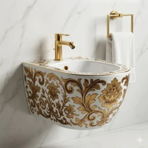 Close-up detail of the craftsmanship on a premium artistic bidet for exclusive bathrooms.