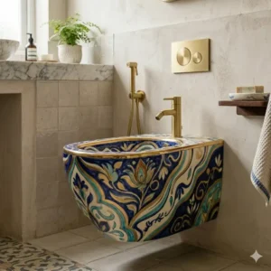 Close-up detail of a floral pattern on a designer bidet artistic aesthetic.