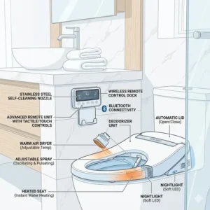 Detailed anatomy diagram of a luxury bidet with wireless remote control showing internal components.