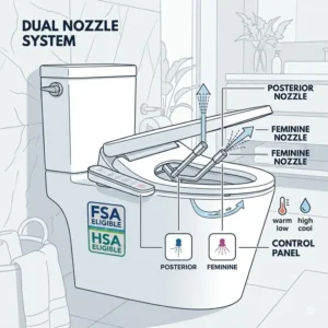 Technical diagram showing the dual nozzle cleaning system of an fsa bidet for posterior and feminine wash.