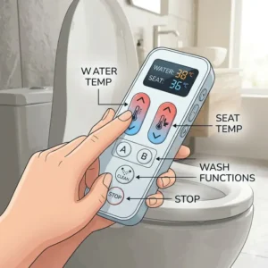 Close-up illustration of a bidet remote control showing adjustable water and seat temperature settings for a self heating bidet.