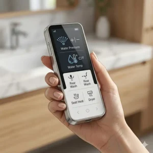 A handheld remote control managing the smart functions of a luxury bidet with modern aesthetic design.
