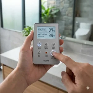 Close-up illustration of the wireless remote interface for a toto toilet with heated seat and bidet, showing temperature settings.