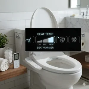 Close-up of the control panel showing temperature levels on a bidet toilet seat warmer.