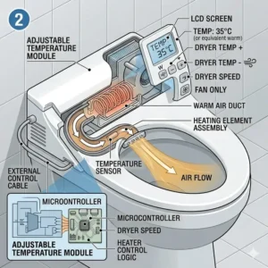 Illustration 2: Close-up of the adjustable heat settings on a modern bidet seat dryer.