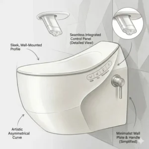 Wall-mounted installation diagram of a high-end designer bidet artistic modern look for contemporary homes.