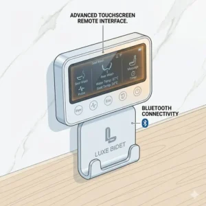 Close-up view of the digital interface on a luxury bidet with wireless remote control unit.