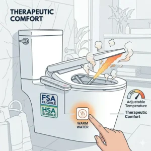 Infographic explaining the therapeutic warm water temperature settings on a professional fsa bidet.