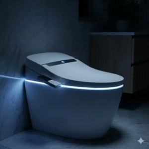 An integrated LED nightlight illuminating a luxury bidet with modern aesthetic design for nighttime use.