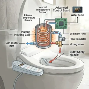 A cross-section diagram showing the internal instant heating coil of a self heating bidet.