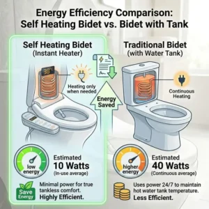 An infographic comparing the low energy consumption of a tankless self heating bidet versus traditional models.