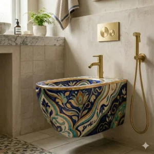 Premium gold-plated accents enhancing the designer bidet artistic aesthetic.