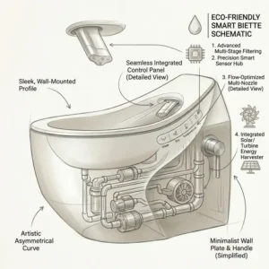 Technical schematic showing the internal eco-friendly components of this designer bidet artistic modern look.