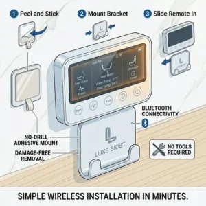 Simple wall-mount installation guide for a luxury bidet with wireless remote control system.