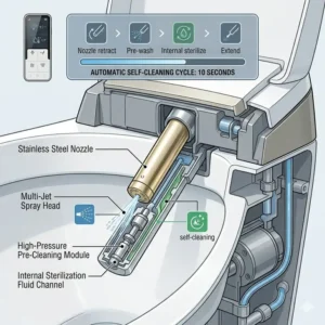 Technical diagram showing the self-cleaning stainless steel nozzle of a luxury bidet with modern aesthetic design.