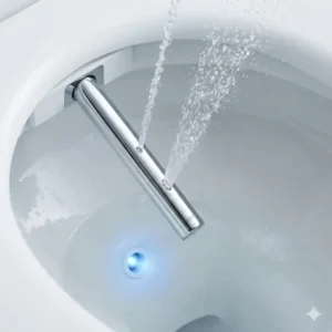 Detailed illustration of the self-cleaning spray nozzle mechanism on a toto toilet with heated seat and bidet.