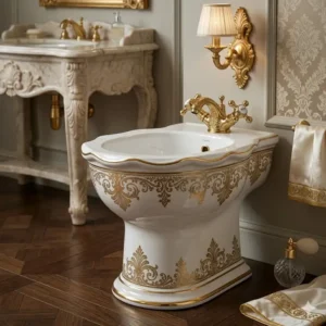 Classic neoclassical design of an artistic bidet for exclusive bathrooms with ornate brass fixtures.