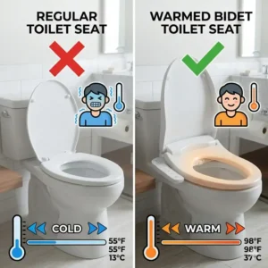 Comparison showing the comfort difference between a cold seat and a bidet toilet seat warmer.
