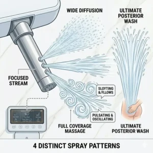 Visual representation of various adjustable spray patterns in a luxury bidet with wireless remote control.