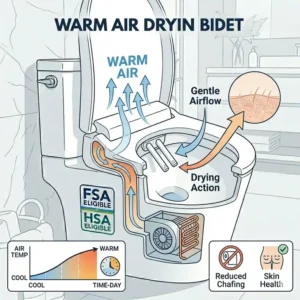 A clear diagram illustrating the warm air dryer function of an fsa bidet for a touchless bathroom experience.