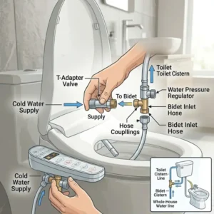 Step-by-step illustration of a person connecting a self heating bidet to a standard bathroom water supply.