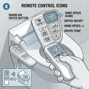 Illustration 4: Wireless remote control interface with specific buttons for the bidet seat dryer.