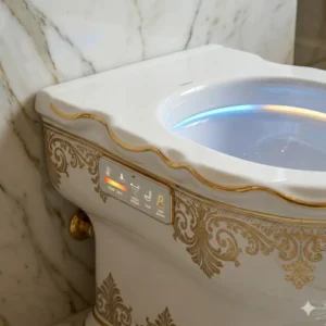 High-tech digital controls and LED lighting on a smart artistic bidet for exclusive bathrooms.