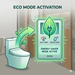 Iconographic illustration highlighting the energy-saving features of a smart toto toilet with heated seat and bidet.