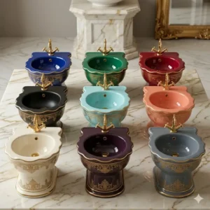 A diverse palette of colors and patterns for a custom artistic bidet for exclusive bathrooms.