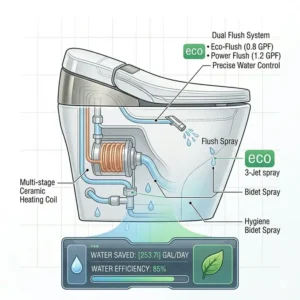 Illustration of the water-saving and eco-friendly technology within a luxury bidet with modern aesthetic design.