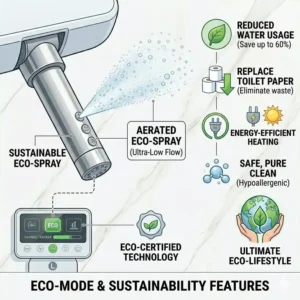 Sustainability infographic highlighting the eco-friendly benefits of a luxury bidet with wireless remote control.
