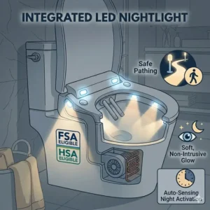 Technical illustration of the integrated LED nightlight feature for safe nighttime use of the fsa bidet.