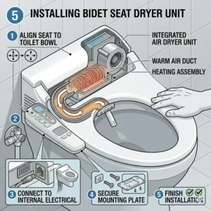 Illustration 5: Step-by-step guide on how to properly install a bidet seat dryer unit.