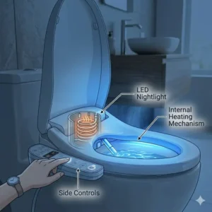 A self heating bidet glowing with a soft blue LED nightlight in a darkened bathroom.