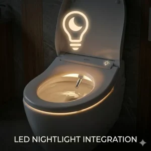 A serene nighttime view showing the integrated night light feature on a toto toilet with heated seat and bidet.
