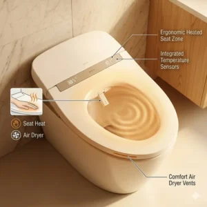 Close-up of the ergonomic heated seat and comfort features of a luxury bidet with modern aesthetic design.
