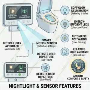 Smart sensor and LED nightlight features of a luxury bidet with wireless remote control for nighttime use.