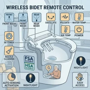 Close-up view of the wireless remote control interface used to operate the fsa bidet settings.