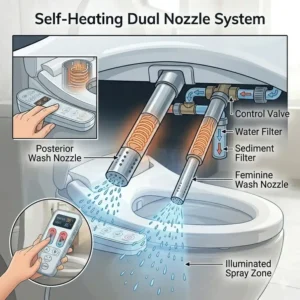 Illustration of the retractable dual nozzles on a self heating bidet designed for posterior and feminine wash.