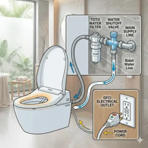 A simple diagram illustrating the essential water and electrical connections for installing a toto toilet with heated seat and bidet.