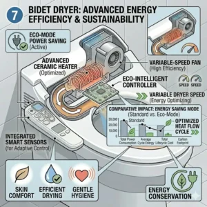 Illustration 7: Infographic showcasing the energy-saving mode of an advanced bidet seat dryer.