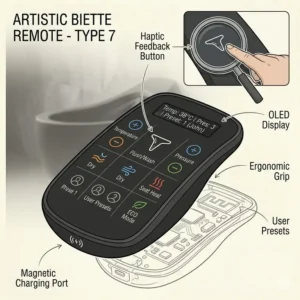 Detailed view of the smart remote control interface for the designer bidet artistic modern look.