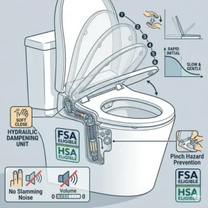 Mechanical drawing showing the soft-close lid system designed for the durability of an fsa bidet.
