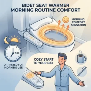 Lifestyle scene of a comfortable morning routine using a bidet toilet seat warmer.