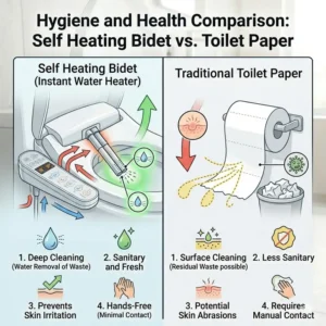 A visual comparison table showing the hygiene benefits of using a self heating bidet over standard toilet paper.
