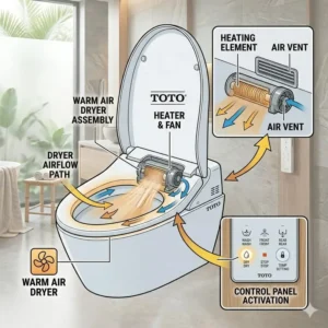 Illustration depicting the warm air drying function activated on a toto toilet with heated seat and bidet.