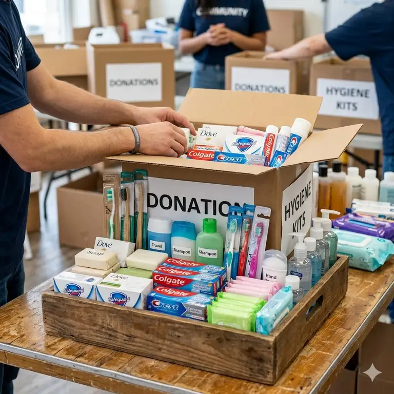 A wide collection of various bulk hygiene items including soap, toothpaste, and shampoo arranged for donation.